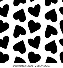 Black and White Seamless pattern with hearts in doodle style. Vector illustration. 