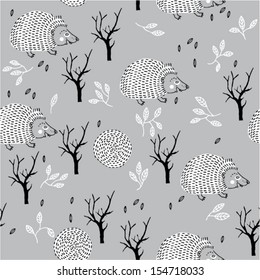 Black and white seamless pattern of hedgehogs walking in autumn forest.