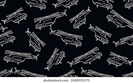 Black white seamless pattern with helicopters outlines.Graphic background with air transport.Vector texture with linear objects.Print on fabric and paper.Endless wallpaper,cover,banner template.