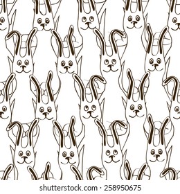 Black and white seamless pattern with herd of funny cute bunnies