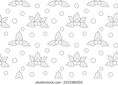 Black and white seamless pattern of holly leaves, berries, and circles, ideal for Christmas or winter coloring pages