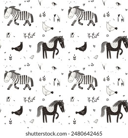 Black and white seamless pattern, horses walking in the meadow