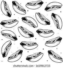 Black and white seamless pattern with hot dogs. Vector graphics.