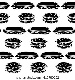 Black and white seamless pattern with hot dogs and hamburgers. Vector illustration of fast food in comic cartoon style. Line art. 