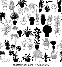 Black and white seamless pattern with house plants	