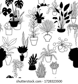 Black and white seamless pattern with house plants	