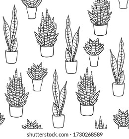 Black and white seamless pattern with house plants	