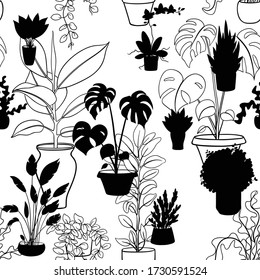 Black and white seamless pattern with house plants	