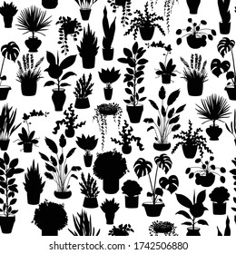 Black and white seamless pattern with house plants