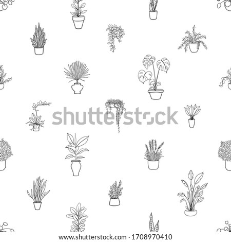 Black and white seamless pattern with house plants