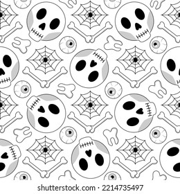 Black and white seamless pattern with human skulls, bones, eyes, teeth and cobweb with spider. Halloween, day of the dead gothic falt vector pattern