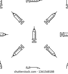 Black and white seamless pattern Icon medical syringe with needle. Concept of vaccination, injection