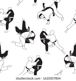 Black and white, seamless pattern with the image of judo techniques. Martial arts exercises. Stock vector illustration on a white background.