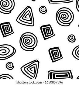 Black and white seamless pattern with the image of geometric shapes on a white background. Vector graphics.