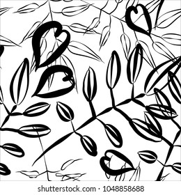 Black and white seamless pattern. Ink plant and leaves.