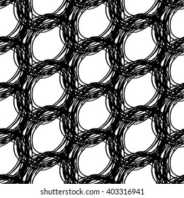Black and white seamless pattern with ink grungy grid. Artistic monochrome abstract  background. Modern design. Vector illustration.