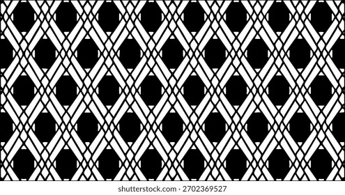 Schwarz-weißes nahtloses Muster mit eingeflochtenen rautenartigen Formen, die eine strukturierte ornamentale Textur bilden.