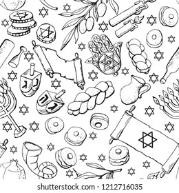 Black white Seamless pattern Jewish holiday Hanukkah set traditional symbols - dreidels, Hebrew letters, donuts, menorah candles, oil jar, star David, challah, shofar, gelt, torah, isolated vector