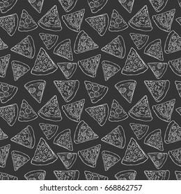 black and white seamless pattern kind of pizza slice using doodle or sketch style on black background