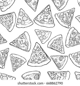 black and white seamless pattern kind of pizza slice using doodle or sketch style