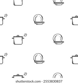 Black and white seamless pattern with kitchen design, pots and plates. Vector background for design of kitchen, cafe, restaurant, wrapping paper, print 