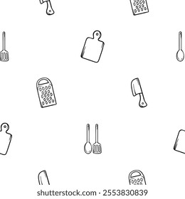 Black and white seamless pattern with kitchen design, cutting board, knife, vegetable grater and kitchen spatulas. Vector background for design of kitchen, cafe, restaurant, wrapping paper, print 