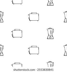 Black and white seamless pattern with kitchen design and household appliances, toaster, blender. Vector background for design of kitchen, cafe, restaurant, wrapping paper, print 