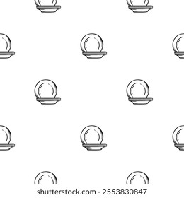 Black and white seamless pattern with kitchen design, plates. Vector background for design of kitchen, cafe, restaurant, wrapping paper, print 