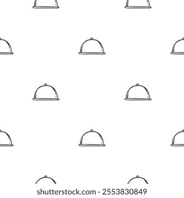 Black and white seamless pattern with kitchen design, restaurant cloche. Vector background for design of kitchen, cafe, restaurant, wrapping paper, print 