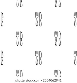 Black and white seamless pattern with kitchen design, cutlery, fork and knife. Vector background for design of kitchen, cafe, restaurant, wrapping paper, print 