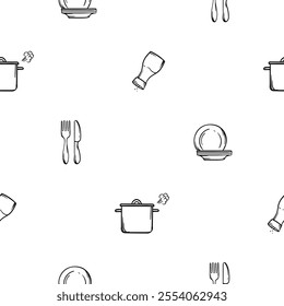 Black and white seamless pattern with kitchen design, pots, plates, salt shaker and cutlery. Vector background for design of kitchen, cafe, restaurant, wrapping paper, print 