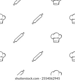 Black and white seamless pattern with kitchen design, rolling pin and chef's hat. Vector background for design of kitchen, cafe, restaurant, wrapping paper, print 