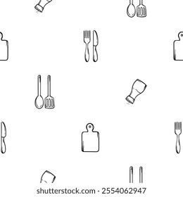 Black and white seamless pattern with kitchen design, salt shaker, cutting board and kitchen utensils. Vector background for design of kitchen, cafe, restaurant, wrapping paper, print 