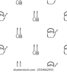 Black and white seamless pattern with kitchen design, kitchen spatulas and kettle. Vector background for design of kitchen, cafe, restaurant, wrapping paper, print 