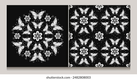 Black and white seamless pattern, label with circular ornament like mandala with chamomile flower in center, fantasy butterfly with curled antennae. Geometric background. Art Nouveau style.