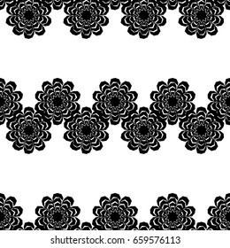 Black and white seamless pattern of lace flowers. Vector illustration. Retro motif. Textile rapport.
