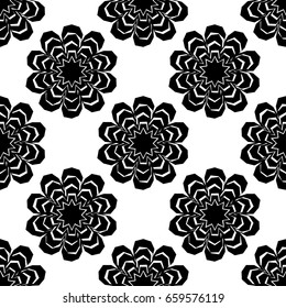 Black and white seamless pattern of lace flowers. Vector illustration. Retro motif. Textile rapport.