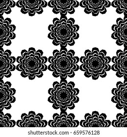 Black and white seamless pattern of lace flowers. Vector illustration. Retro motif. Textile rapport.