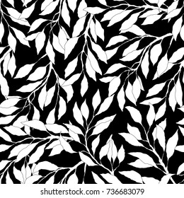 Black and white seamless pattern with leafs and plants, foliage background, vector illustration.