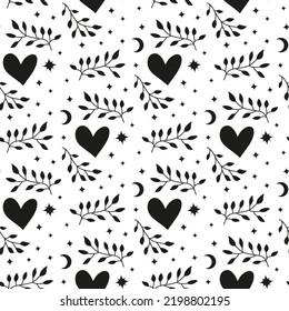 Black and white seamless pattern with leafy branches, hearts, crescent moon, stars. Boho background.