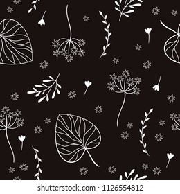 black and white seamless pattern with leaves, flowers, floral elements, fabric design