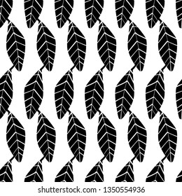 Black and white seamless pattern with leaves, vector background. Repeatable botanical minimalistic backdrop. Geometric tea leaves motif.
