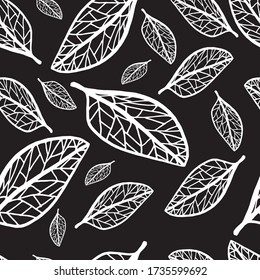Black and white seamless pattern with leaves. Vector simple drawing. Coloring book page design for adults and kids. For textile or packaging.