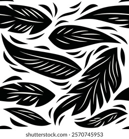 Black and white seamless pattern with leaves