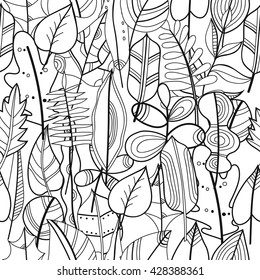 Black and white seamless pattern with leaves for coloring book