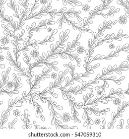 Black and white seamless pattern with leaves and flowers. Coloring book print design. Floral design elements for adult coloring page. Vector illustration