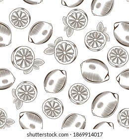 Black and white seamless pattern with lemons in vintage style