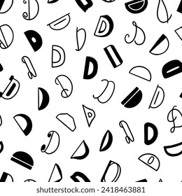 Black and white seamless pattern with the letter D in various styles, hand lettering. For textile, wallpaper, packaging, DIY projects.