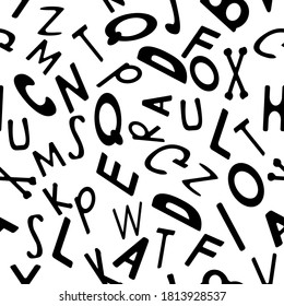 Patrón transparente blanco y negro con las letras. Marco de estilo minimalista. Dibujado a mano para tela, papel pintado, ropa de cama. Ilustración vectorial.
