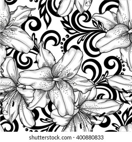 black and white seamless pattern. lilies flowers and abstract floral swirls. design for greeting card and invitation of the wedding, birthday, Valentine's Day, mother's day and other seasonal holiday